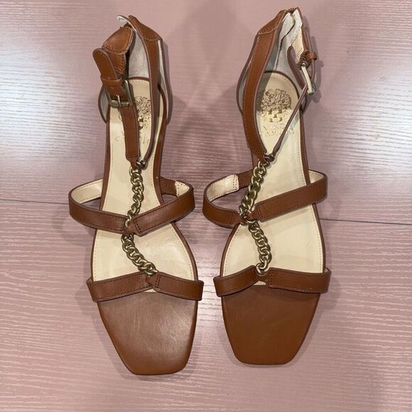 NEW Vince Camuto Sereney Chain Tan Brown Leather Sandals Size 9.5 - Picture 1 of 6